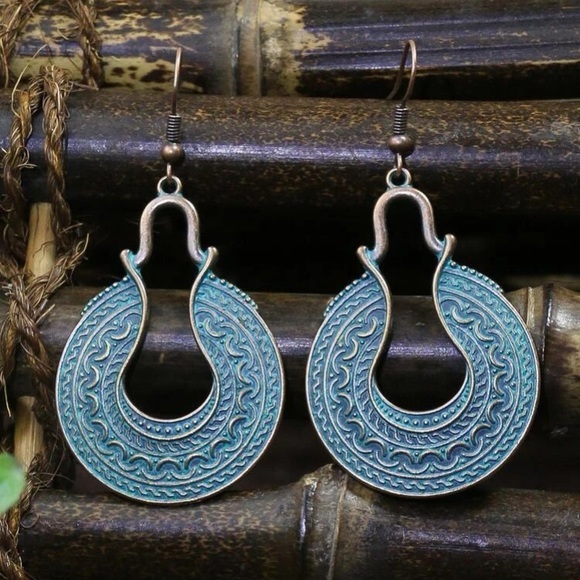 Bohemian Drop Earrings Turquoise Metal - Picture 2 of 5